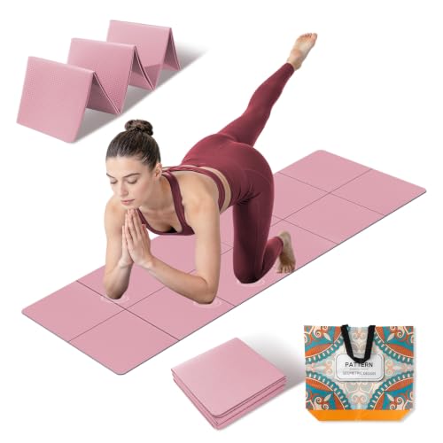 Foldable Yoga Mat Thick Non-Slip Exercise Mat | Packable Travel Fitness Mat, Carrying Bag Included, For Yoga, Pilates, Workout, Home & Gym Use - color: pink