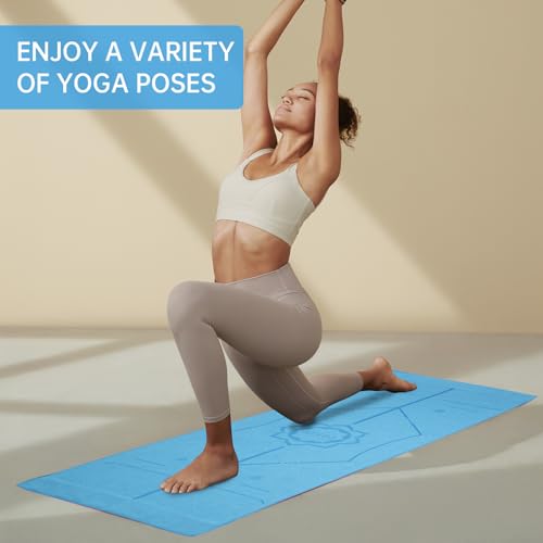 CSITE Yoga Mat Towel with Silicone Grip Dots & Rectangular Wrap Design, Non Slip Hot Yoga Mat Towel with Alignment Line + 1pc Hand Towel, 72” x 24”, Dark Blue