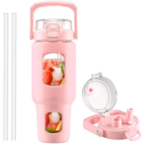 BLUEGO 40 oz Glass Water Bottle with Straw, Leakproof Glass Drinking Bottle with Time Marker and Silicone Sleeve, Wide Mouth Water Bottle for Travel, Gym, Workout, Pink - color: Pink, size: 40 Ounces