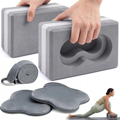 Yoga Blocks 2 Pack for Wrist Relief,Yoga Block with Knee Pads Strap - color: Gray