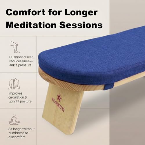 Yogikuti Folding Meditation Bench, Purple | Removable Cushion, Wooden Seiza Kneeling Stool, Ergonomic Meditation Seat, for Home & Yoga Studio, Comfortable Posture (Blue) - color: Blue