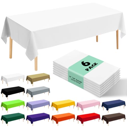 6 Pack Premium Disposable Plastic Tablecloth 54" x 108" Party Table Cloths Disposable for 6 to 8 Foot Tables Indoor or Outdoor Parties Birthdays Weddings Christmas Anniversary Buffet Table (White) - color: White