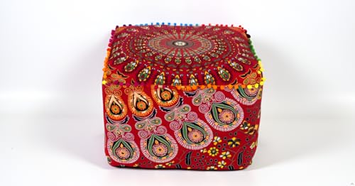 CRAFT KALA Large Hippie Mandala Meditation Floor Ottoman Pillow Cushion Pouf Cover Square Poufs Cover Bohemian Circle Floor Cushion Case Outdoor Fireplace Living Room Decor 18X18X14 inches, Red Mirchi - color: Red Mirchi