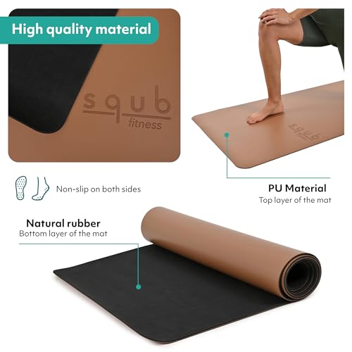 Yoga Mat 5mm Thick – Non Slip Exercise Workout Pad, PU Natural Rubber Grip, Extra Large 183x68 cm, Pilates Fitness Training, Includes Strap & Carry Bag - color: CAMEL