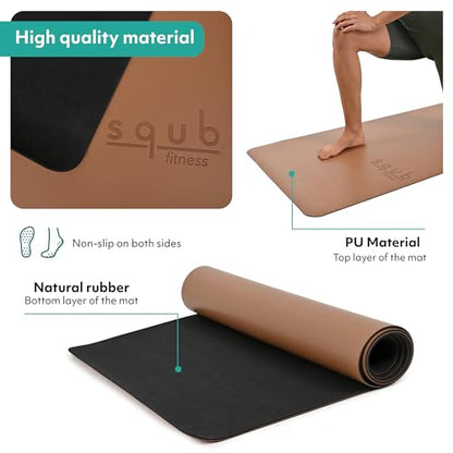 Yoga Mat 5mm Thick – Non Slip Exercise Workout Pad, PU Natural Rubber Grip, Extra Large 183x68 cm, Pilates Fitness Training, Includes Strap & Carry Bag - color: CAMEL