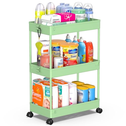 SPACEKEEPER 3 Tier Rolling Cart, Bathroom Cart Organizer with Wheels, Green - color: Green, size: 3 Tier