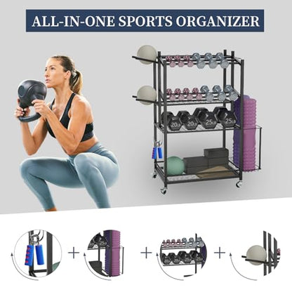 3-Tier Rolling Dumbbell Rack with Yoga Mat Basket & Hooks – Heavy Duty Steel Home Gym Storage Cart for Weights, Kettlebells, and Foam Rollers – 350Lbs Capacity Mobile Organizer with Lockable Wheels (Black)