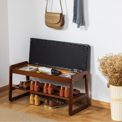 SOBIBO Solid Wood Shoe Rack Bench with Flip-Top Storage, Black, 31.5" | Wood Furniture, Flip-top Hidden Storage, Faux Leather Cushion, 600lb Capacity, Ideal for Entryway, Hallway, Bedroom - color: Black(flip‑top), size: 31.5 inches
