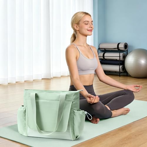 WLLWOO Thick Yoga Mat Bag Women Gym Tote Breathable Mesh Holder Wet Pocket | Carryall Lightweight Waterproof Shoulder for Pilates Travel Beach Workout Fitness Carrier - color: Mint Green