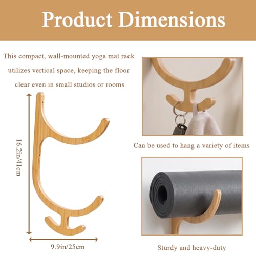 Wooden Yoga Mat Holder Wall Mount with 4 Hooks
