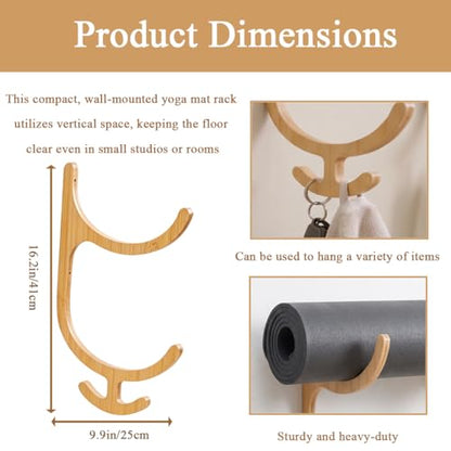 Wooden Yoga Mat Holder Wall Mount with 4 Hooks