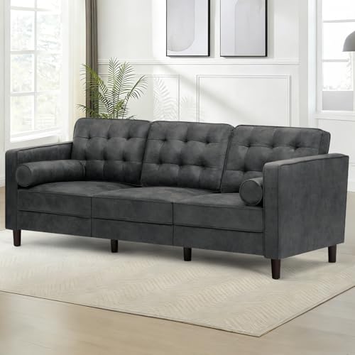 84 Inches Suede Leather Couch with Bolster Pillows, Grey - color: Grey, size: 84" Sofa