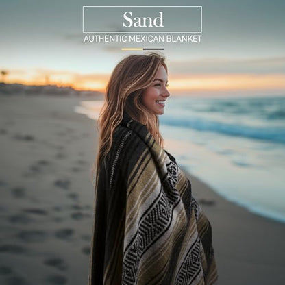 Authentic Large Handwoven Mexican Blanket - Soft Yoga Blankets - Durable Serape - Lightweight Falsa Blanket, Beach, Camping, Picnic, Equestrian Saddle, Outdoor Blankets 70"x50" - Sand - color: Sand