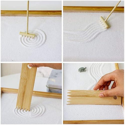 Woohome Zen Garden Kit - 21.5 x 17.5cm Japanese DIY Mini Rock Garden Meditation Ornaments Landscape Sand Table Resin Decoration with 7 Handmade Bamboo Tools