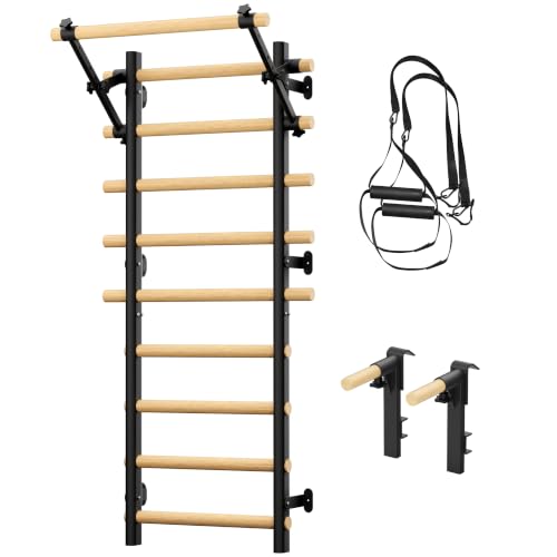 Cofiyard Swedish Ladder Wall Gym, Wooden Wall-Mounted Stall Bars with Pull-up Bar & Exercise Straps & Dip Bars, Stretching Ladder Full Body Home Gym Adults New - color: Black