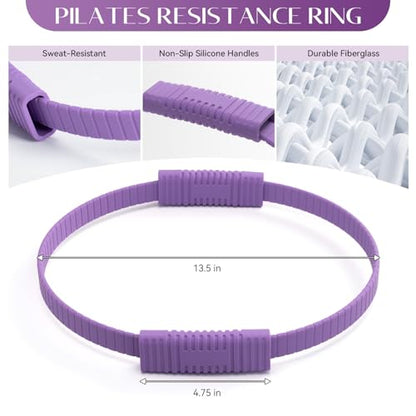 Pilates Kit, 13.5" Pilates Ring with Mini Ball & Resistance Bands | Home Pilates Equipmen Set, Magic Circle Ring with Anti-Slip Handles for Beginners, Workout Guide Included - color: Pilates Kit - Purple