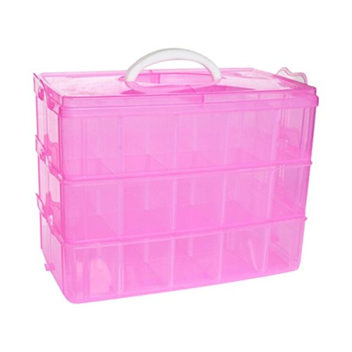 Kamay's Extra Large 3 Tier Stackable Adjustable Compartment Slot Bead Craft Jewellery Tool Storage Organiser Snap-lock Tray Container, with 30 Compartments, Container Box, Pink - style: Extra Large 3 Tier 30 Compartments Pink