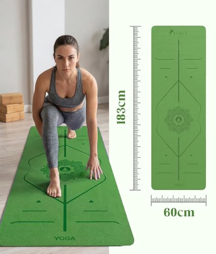 ROMIX Pro Yoga Mat With Alignment Lines, 6Mm Thick Non-Slip Exercise Mat | 72 x 24 In TPE Large Pilates Mat For Home Workout, Stretching, Training, Meditation, Carry Bag Included For Women And Men - color: Green