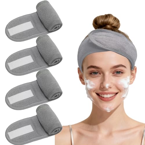 4 Pack Adjustable Makeup Headbands – Non-Slip Spa Facial Headband & Facial Hair Wrap, Adjustable Washable Towel for Shower, Yoga, Gym, Salon & Home Use (Fits All), HZFD-CD - color: Gray