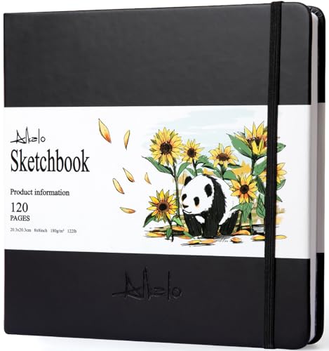 Sketchbook for Drawing, 120 Pages Sketch Book, 122LB/180GSM Thick Paper | Mixed Media Sketchbook for Charcoal Pencil, Inks Pen, Colored Pencil, Acrylic Marker, Oil Pastel - color: Back, size: Medium (8×8INCH)