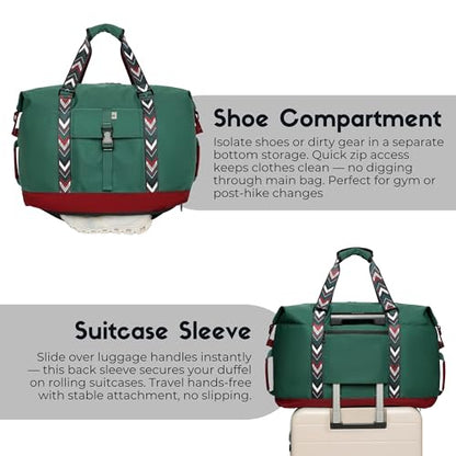 SUNNY BIRD Duffel with Utility Pouch, 40L Weekender Overnight Bag with Shoe Compartment for Travel and Sports (Greenboho) - color: Greenboho
