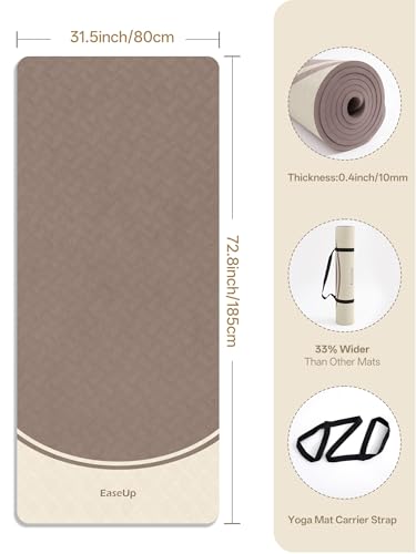 EaseUp 10mm Thick Yoga Mat, 73"×31.5" Extra Wide, Non-Slip with Strap - color: brown