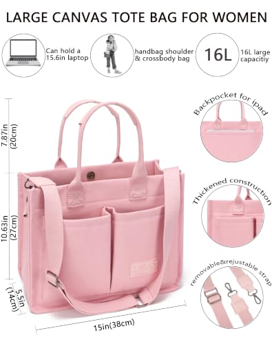 ZHMO Canvas Tote Bag for Women,Women's Bags Crossbody Bags Work Laptop Tote Bag Large Handbags Purse for Travel Nurse Teacher - color: Pink With Compartments