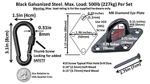 Heavy Duty Hammock Kits & Ceiling Hook Diamond Pad Eye Plates, 304 Stainless Steel & Black Zinc Galvanized Steel Corrosion Resistant, 2, 4 & 8 Packs - color: Black Diamond Plate Hammock Kit