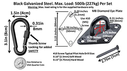 Heavy Duty Hammock Kits & Ceiling Hook Diamond Pad Eye Plates, 304 Stainless Steel & Black Zinc Galvanized Steel Corrosion Resistant, 2, 4 & 8 Packs - color: Black Diamond Plate Hammock Kit