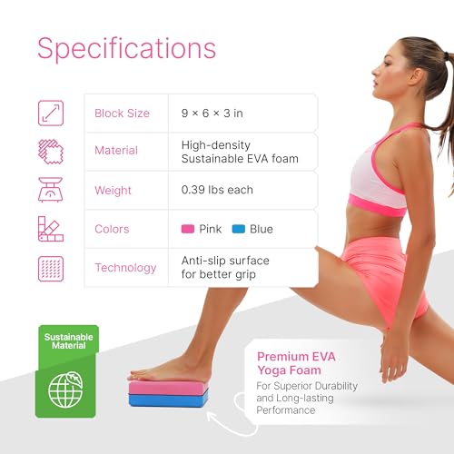 Yoga Blocks 2 Pack with Strap and Guide – Soft Non-Slip EVA Foam Blocks | High-Density Pilates Blocks for Home Workouts, Dance, Ballet, Gymnastics & Stretching Exercise, Dance Accessories and Gifts - color: Pink/Blue & Stretch Band Pink