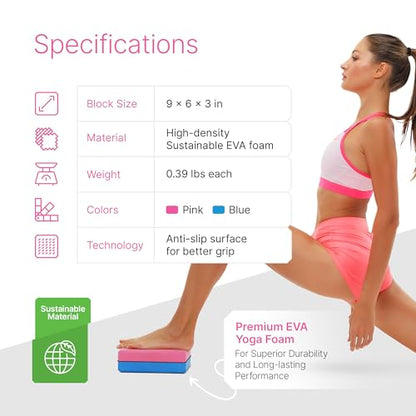 Yoga Blocks 2 Pack with Strap and Guide – Soft Non-Slip EVA Foam Blocks | High-Density Pilates Blocks for Home Workouts, Dance, Ballet, Gymnastics & Stretching Exercise, Dance Accessories and Gifts - color: Pink/Blue & Stretch Band Pink