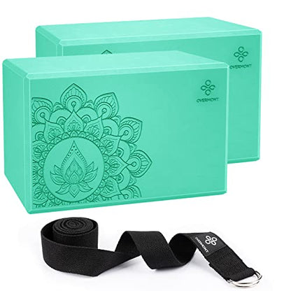 Overmont Yoga Block 2 Pack Supportive Latex-Free EVA Foam Soft Non-Slip Surface for General Fitness Pilates Stretching and Meditation 9"x6"x3" Yoga Strap Included - color: Green