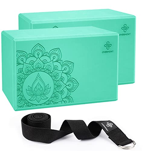 Overmont Yoga Block 2 Pack Supportive Latex-Free EVA Foam Soft Non-Slip Surface for General Fitness Pilates Stretching and Meditation 9"x6"x3" Yoga Strap Included - color: Green