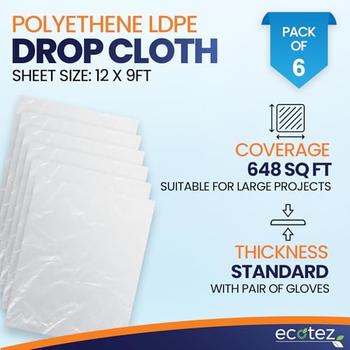 6 Pack 12 x 9 ft Extra Large Plastic Drop Cloth for Painting | Light & Durable Tarp Cover for Furniture Plastic Clear Tarp Waterproof - Paint Floor Covering - Painters Drop Cloth Sheeting - size: 6 Pack