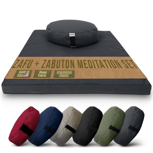 Meditation Cushion Mat Set HEMP - Oval Zafu Floor Pillow Organic Buckwheat Pillow + Cotton Filled HEMP Zabuton Prayer Pad - Meditation Pillow Yoga Knee Pad - Made in USA - 18" Oval, SHADOW GRAY Hemp - color: Shadow Gray - Hemp, size: Oval Combo