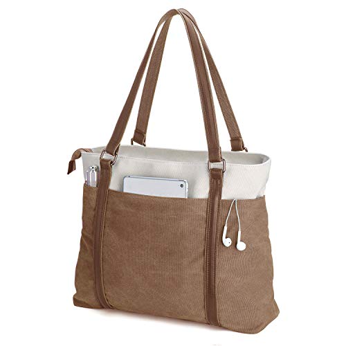 Laptop Tote Bag for Women, 15.6 Inch Work Bag with Laptop Compartment and Zipper, Canvas Computer Tote for Teacher - color: 브라운.