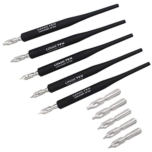 Plastic Professional Manga Gothic Pen Dip Pen Set with 5 Nibs Manga Calligraphy Drawing Pen Kit - 5 Pcs, Black - color: Black