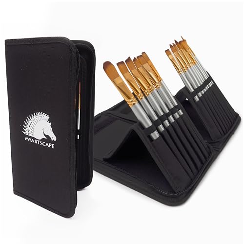 MyArtscape 15 Taklon Paint Brushes with Travel Holder - Short Handle | 15 Taklon paint brushes for acrylic watercolour oil gouache and face painting with travel holder and short handles
