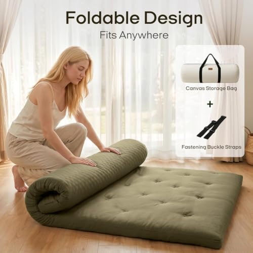 ZonLi Japanese Floor Mattress, 100% Cotton Washable Cover Futon Mattress - color: Winter Moss, size: Queen(80"L x 60"W x 4"Th)