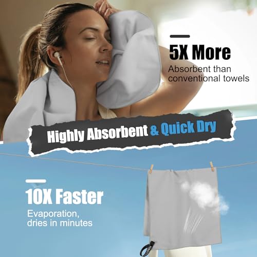Quick Dry Travel Towel, 3 Sizes 1 Pack Camping Microfiber Towel, Lightweight Fast Drying Towels Set 60"x30", 30"x15", 15"x15" w/Bag for Gym, Beach, Hiking, Swimming, Grey - color: Grey