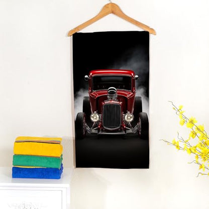 3D Model Red Retro Car Bath Towel 15X30 Inch Washcloths Hot Rod with Smoke Cool Face/Body/Hair/Hand Towel for Spa Gym Yoga Swim Bathroom Kitchen Hotel - color: 3d Model Red Retro Car
