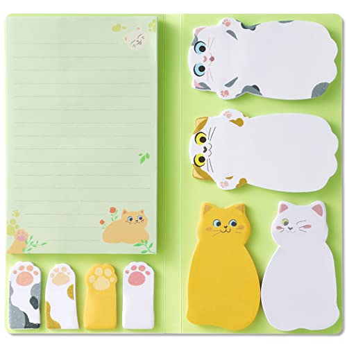 Hommie Cat Sticky Notes Set, Cute Sticky Note Animal Divider Tabs Bundle Writing Memo Pads Page Marker, Sticky Notes Pads for Cat Lovers Kids Office School Supplies Creative Gifts - color: Cat(green Background)