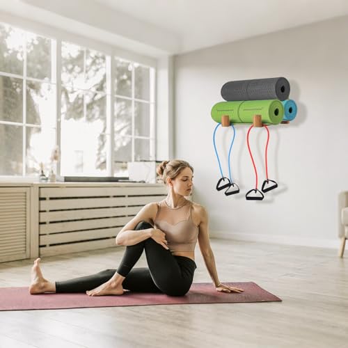 Yoga Mat Holder Wall Mount Yoga Mat Storage Rack,Wall Shelf Organizer, Foam Roller Wall Hooks, Hold 3 yoga mats, Fitness Gear Organizer By Wood