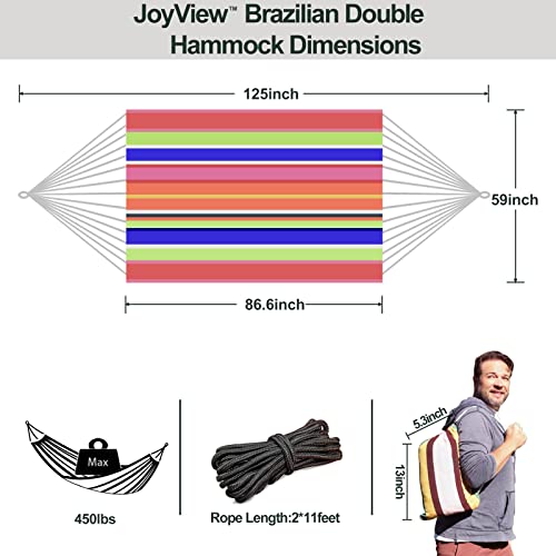 JoyView Brazilian Double Hammock with Hanging Ropes Extra Large 86.6x59” Portable Cotton Hammock for Patio Backyard Porch 450LBS Weight Capacity Perfect for Outdoor/Indoor - Color Stripes - color: Color Stripes