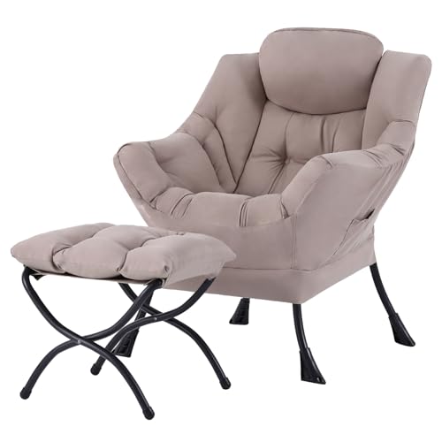 Tiita Lazy Chair with Ottoman, Comfy Reading Accent Chair, Khaki - color: Peach Skin Khaki
