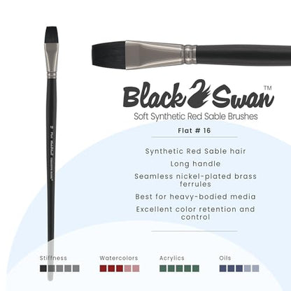 Black Swan Synthetic Red Sable Flat Paint Brushes - Flat Size # 16 - Professional Quality Long Handle Paint Brushes for Oil, Heavy Body Media and Acrylic - Artists of All Levels - size: Size 16