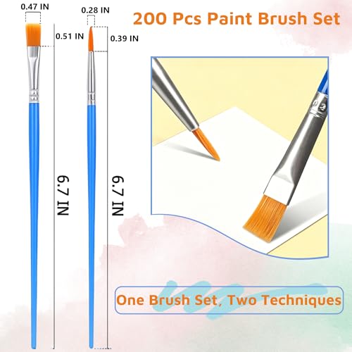 200 Pcs Small Paint Brushes Bulk, 100 Flat & 100 Round Pointed Acrylic Paint Brushes for Kids Classroom, Art Watercolor Brushes for Canvas Face Painting Touch Up