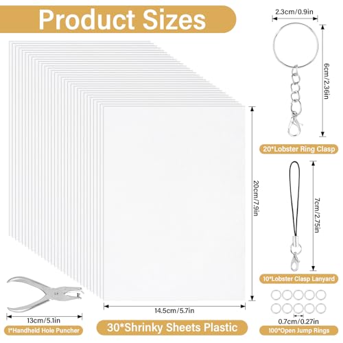 161 Pcs Shrink Paper Keychain Kit,30 Shrink Plastic Sheets for Teens | Includes 7.9 x 5.7 inch sheets,hole punch,lobster clasps and jump rings for coloring,keychains and charms