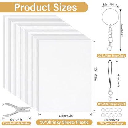 161 Pcs Shrink Paper Keychain Kit,30 Shrink Plastic Sheets for Teens | Includes 7.9 x 5.7 inch sheets,hole punch,lobster clasps and jump rings for coloring,keychains and charms