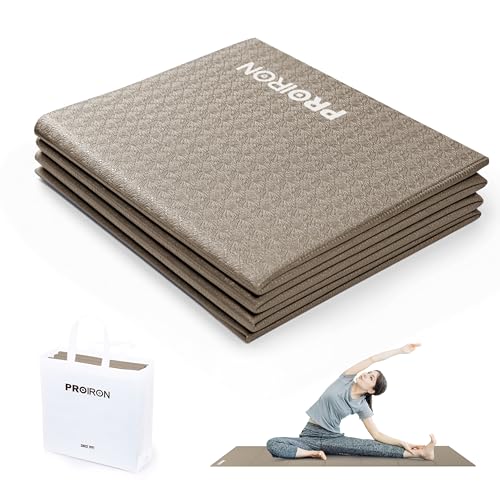 PROIRON Foldable Yoga Mat 0.24"/0.16" for Home Workout & Travel, Non Slip Travel Yoga Mats with Carry Bag, Packable Yoga Mat for Home Gym, Pilates, Fitness,Stretching - color: (0.16" PVC) Brown